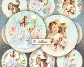 May include: Set of 8 round paper printable stickers featuring vintage illustrations of children receiving communion. The stickers feature a light blue background with pink flowers and a gold trim.