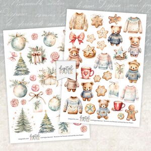 May include: Digital paper with a Christmas theme featuring illustrations of bears wearing sweaters, gingerbread cookies, ornaments, candy canes, and Christmas trees. The text "Digital Paper" is included in the image.