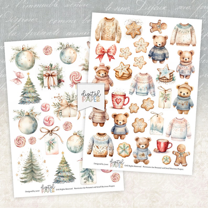 May include: Digital paper with a Christmas theme featuring illustrations of bears wearing sweaters, gingerbread cookies, ornaments, candy canes, and Christmas trees. The text "Digital Paper" is included in the image.