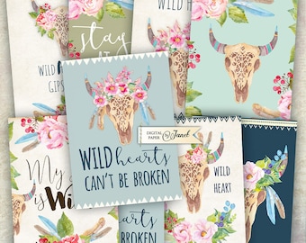 Wild Heart - quote cards - digital collage sheet - set of 8 - Printable Download - Boho Stile