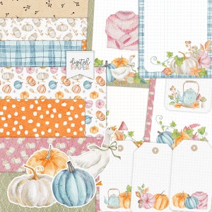 Happy FALL, Automne, Citrouilles, Kit de scrapbooking imprimable, Éphémères, Pages de journal, Cartes de vœux, étiquettes, autocollants, bricolage, papier numérique