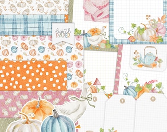 Autumn Pumpkin Scrapbook Paper, Fall Harvest Ephemera (Digital A4 JPG