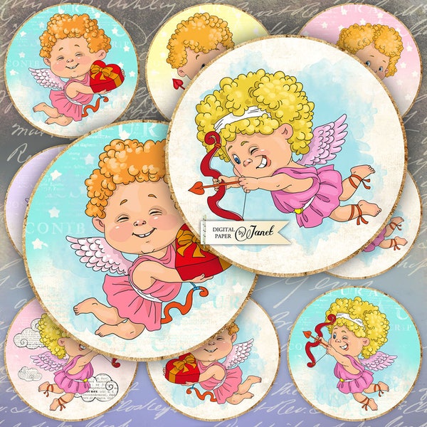 Baby Cupido - 2.5 inch circles - set of 12 - digital collage sheet - pocket mirrors, tags, scrapbooking, cupcake toppers