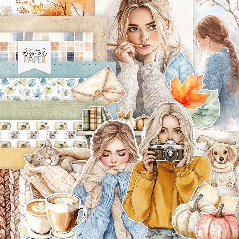 Op de afbeelding: Een digitaal papierpakket met een aquarel-illustratie van een vrouw met blond haar, die een witte trui draagt en een potlood tegen haar lippen houdt. De illustratie is omringd door andere aquarel-illustraties van bladeren, bloemen en een camera. De tekst "My Digital Paper" staat in de linkerbovenhoek van de afbeelding.