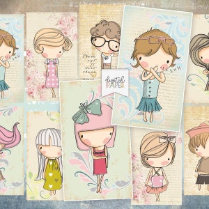 Dolce ragazza divertente - foglio di collage digitale - set di 10 - Carte stampabili - File d'arte - Progetto artigianale fai da te