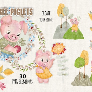 Three Piglets Collection - 32 Watercolor Elements - PNG file - illustration