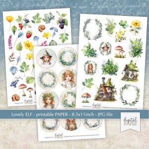 May include: Printable digital paper featuring watercolor illustrations of fairies, mushrooms, houses, and floral wreaths. The paper is 8.5 inches by 11 inches and is perfect for crafting and scrapbooking.