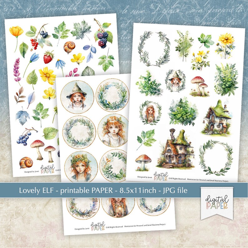 May include: Printable digital paper featuring watercolor illustrations of fairies, mushrooms, houses, and floral wreaths. The paper is 8.5 inches by 11 inches and is perfect for crafting and scrapbooking.