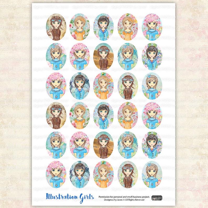 Printable Download Illustration Girls 30 x 40 mm oval image digital collage sheet