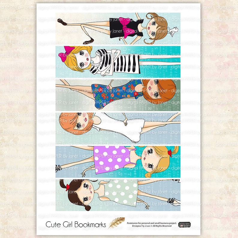 cute girl bookmarks set of 6 bookmarks digital collage etsy
