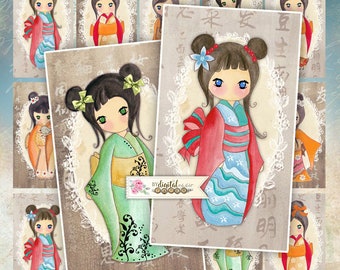 Yumiko - kokeshi doll - digital collage sheet - set of 10 - Printable Download