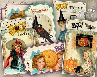 Biglietto di Halloween - foglio collage digitale - set di 10 biglietti - immagine dell'annata
