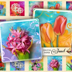 Flower Shock - squares image - digital collage sheet - 1 x 1 inch - Printable Download