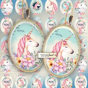 Unicorn - oval image - 18 x 25 mm - digital collage sheet - Printable Download