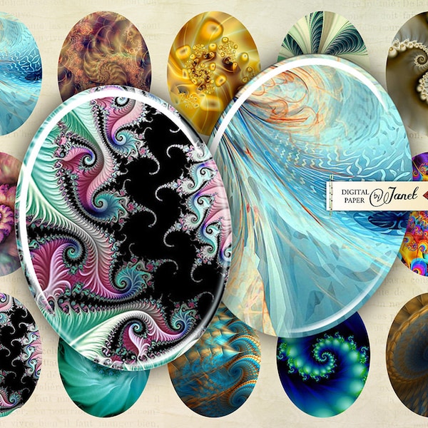 fractals - oval image - 30 x 40 mm or 18 x 25 mm - digital collage sheet  - Printable Download