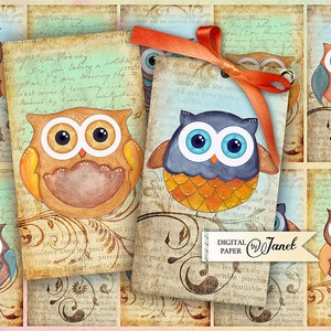 Búho lindo, Búho acuarela, Etiqueta imprimible, Efímera vintage, Diario basura, Artesanía de papel, Adorno de scrapbooking, Etiqueta escolar, Búho imprimible