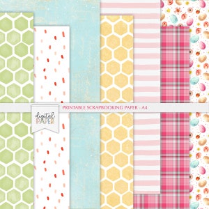 May include: Set of eight digital scrapbook papers in A4 size. The papers feature a variety of patterns, including honeycomb, polka dots, stripes, and plaid. The colors are pastel green, white, light blue, yellow, pink, and red.