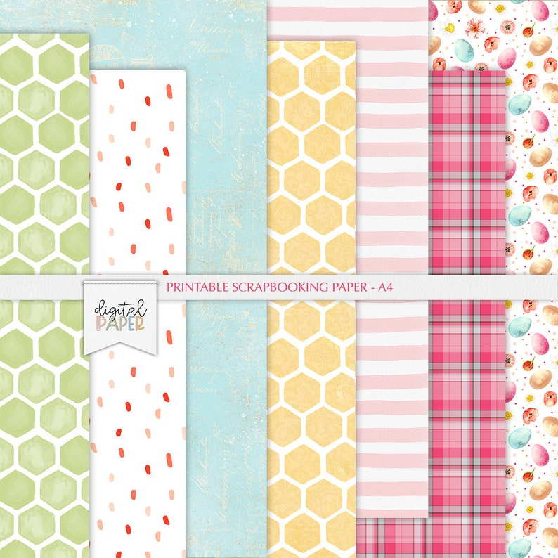 May include: Set of eight digital scrapbook papers in A4 size. The papers feature a variety of patterns, including honeycomb, polka dots, stripes, and plaid. The colors are pastel green, white, light blue, yellow, pink, and red.