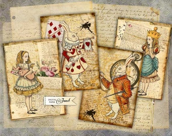 Alice and Rabbit - digital collage sheet - set of 4 cards - Printable Download