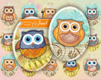 Owl - oval image - 30 x 40 mm or 18 x 25 mm - digital collage sheet - Printable Download