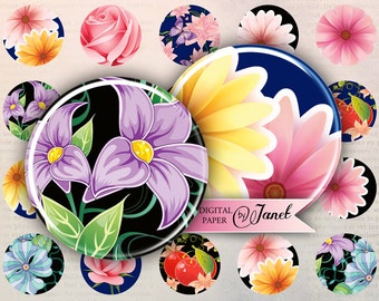 Flower POP - circles image - digital collage sheet - 1 x 1 inch - Printable Download