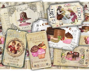 Ticket Sweet Party - foglio collage digitale - set di 6 strisce - immagine vintage