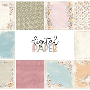May include: A set of 10 digital papers featuring floral patterns, textures, and backgrounds in soft pastel colors. The papers are perfect for scrapbooking, card making, and other crafting projects.
