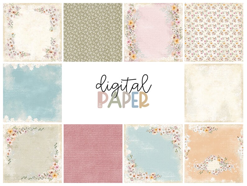 May include: A set of 10 digital papers featuring floral patterns, textures, and backgrounds in soft pastel colors. The papers are perfect for scrapbooking, card making, and other crafting projects.