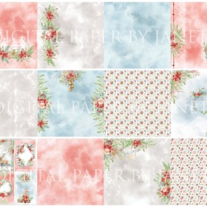 May include: A digital paper pack with 12 different Christmas themed designs. The designs feature wreaths, holly, bells, and other festive elements. The papers are in a variety of colors, including red, green, blue, and white.