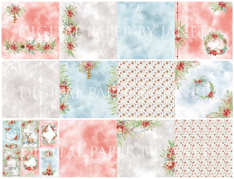 May include: A digital paper pack with 12 different Christmas themed designs. The designs feature wreaths, holly, bells, and other festive elements. The papers are in a variety of colors, including red, green, blue, and white.