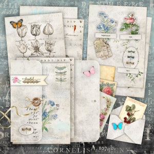 Könnte beinhalten: Ein digitales Papierpaket mit Vintage-Ästhetik mit Bildern von Schmetterlingen, Libellen, Blumen und Text. Das Paket enthält eine Vielzahl von Papieren, Etiketten und Verzierungen.