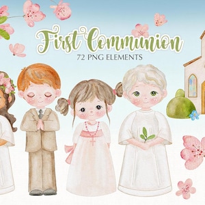 Prima Comunione - icone religione - prima comunione ragazza e ragazzo - illustrazione - Elementi acquerello - file PNG