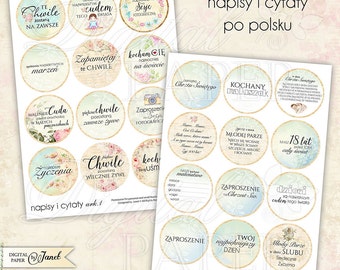 Napisy i Cytaty po polsku - 2.5 inch circles - set of 24 - digital collage sheet - pocket mirrors, tags, scrapbooking, cupcake toppers