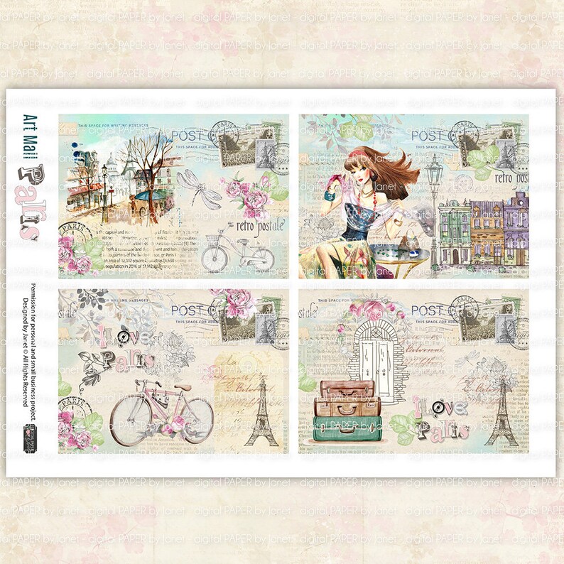 Art Mail illustration stories digital collage sheet Paris Printable Download set of 4 cards