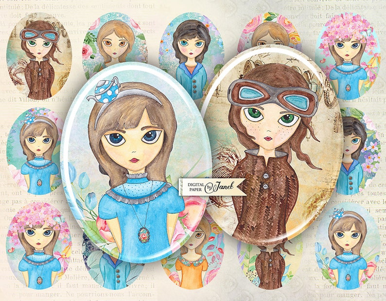 Printable Download Illustration Girls 30 x 40 mm oval image digital collage sheet
