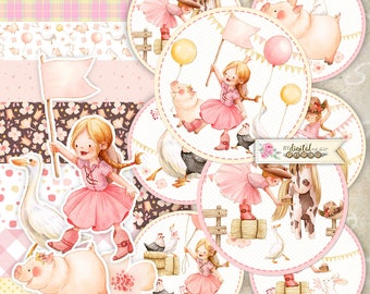 Cowgirl Birthday Scrapbook Kit, Pink Western Paper, Horse and Boot Stickers, Little Cowgirl Party Ephemera, Country Girl Art, Digital A4