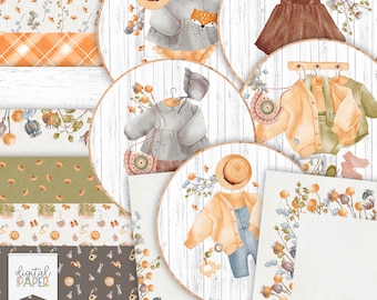 May include: Digital paper pack with illustrations of baby clothes in various colors and patterns. The designs include a gray sweater with a fox, a brown dress with a flower, a yellow sweater with a green bib, a gray sweater with a hat, and a yellow sweater with blue overalls. The paper pack also includes a variety of floral patterns and a plaid pattern.
