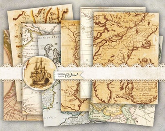 Antique Maps - background cards - digital collage sheet - set of 8 - Printable Download