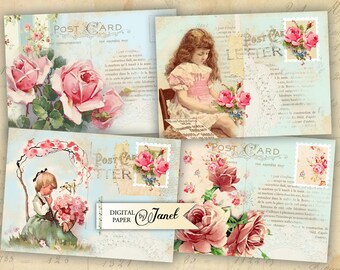 Roses Post Card - digital collage sheet - set of 8 - Printable Download - Instant Download