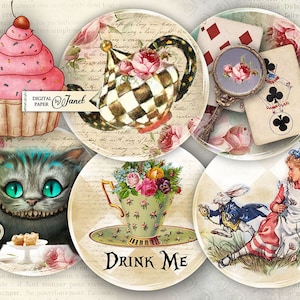 May include: Six digital paper designs featuring Alice in Wonderland themed illustrations. The designs include a cupcake, a teapot, a mirror, a playing card, a Cheshire cat, and Alice with the White Rabbit. The text "Drink Me" is featured on one of the designs.