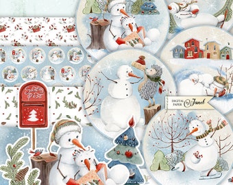 Snow Village, Printable Scrapbooking Kits, Journal Pages, Stickers, Scrapbooking Paper, Ephemera, DIY Craft, Christmas Decor, Cardmaking