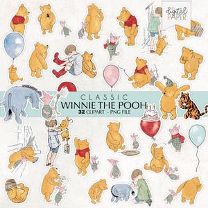 Classique des cliparts Winnie l'ourson et ses amis, numérique 32 Bundle Clip Art, PNG Transparent, bricolage baby shower, invitation d'anniversaire, décoration de fête