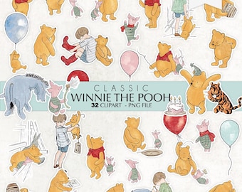 May include: A set of 32 Winnie the Pooh clipart images in a watercolor style. The images include Winnie the Pooh, Piglet, Tigger, Eeyore, and other characters from the classic children's book. The images are perfect for creating invitations, cards, scrapbook pages, and other craft projects.
