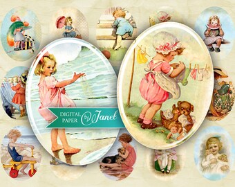 Bambini - Illustrazione vintage - immagine ovale - 30 x 40 mm o 18 x 25 mm - foglio collage digitale - Printable Download