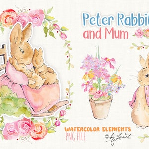 Peter Rabbit y mamá, archivo PNG, imágenes prediseñadas de acuarela, ilustración de Peter Rabbit, archivo Cricut, animales bebés, Peter Rabbit imprimible