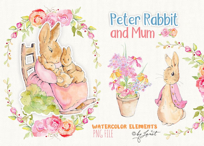 Peter Rabbit and Mum  art clipart  Illustration  Watercolor image 0