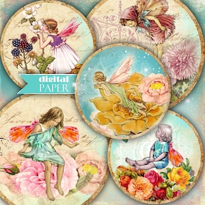 pequeñas hadas - círculos de 2,5 pulgadas - conjunto de 12 - hoja de collage digital - espejos de bolsillo, etiquetas, álbumes de recortes, adornos para cupcakes