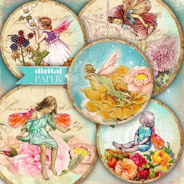 little fairies - 2.5 inch circles - set of 12 - digital collage sheet - pocket mirrors, tags, scrapbooking, cupcake toppers