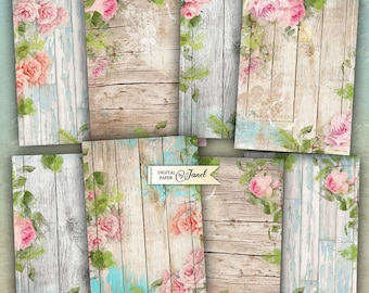 Wood Background - digital collage sheet - set of 8 - Printable Download - Watercolor Flower