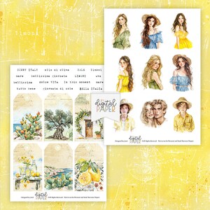 May include: A digital paper pack with illustrations of lemons, cacti, olive trees, and a door with a lemon tree. The paper pack also includes illustrations of people with long hair and hats. The text "SUNNY ITALY olio di oliva SOLE limont mare bellissima giornata LIMONI uva bellissima dolce VITA In this moment mare tutto bene giornata di sole BELLA ITALIA" is written on the paper pack.